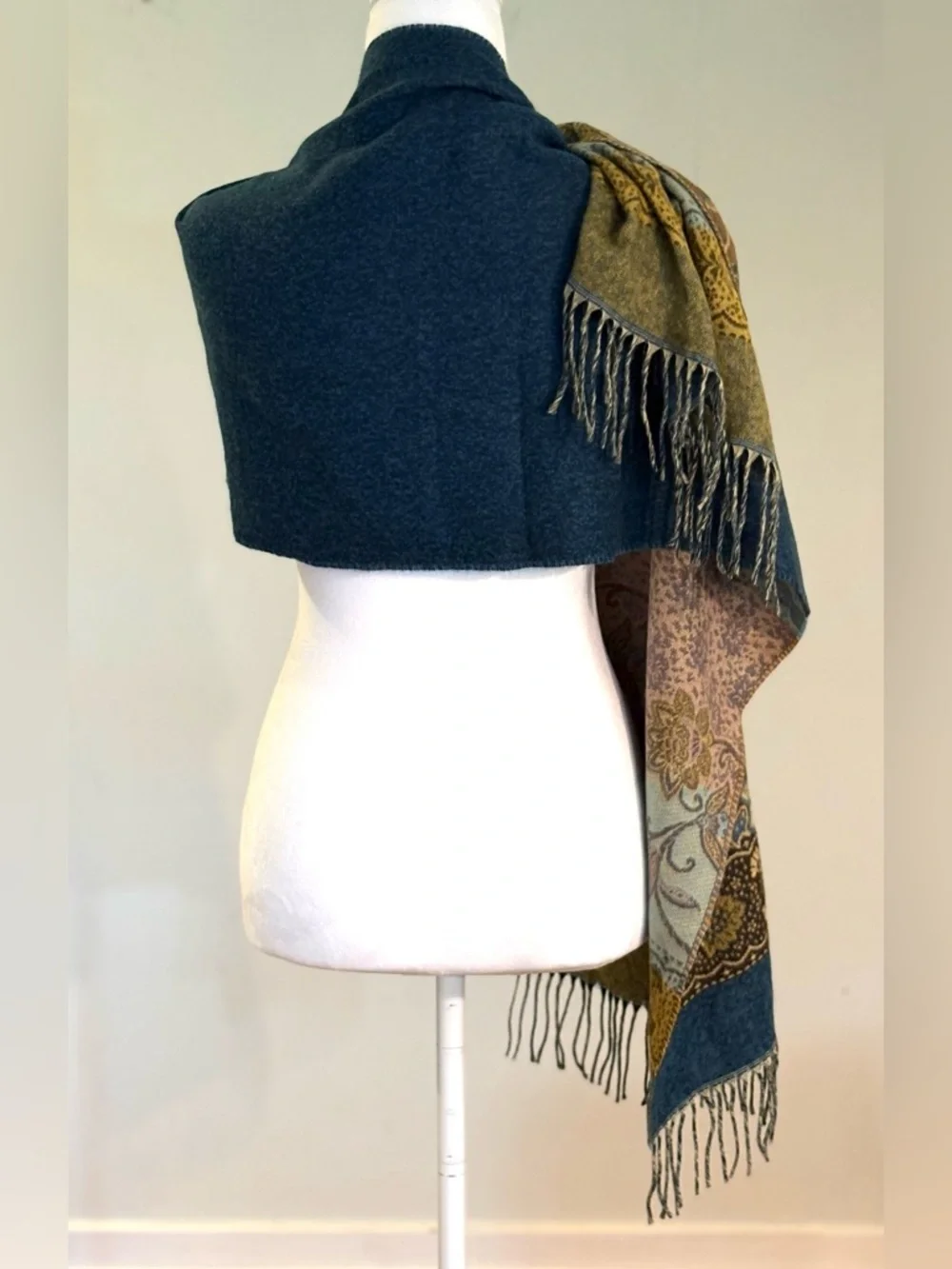 FRAAS Germany Cashmink Floral Fringe Scarf in Teal, Tan and Purple